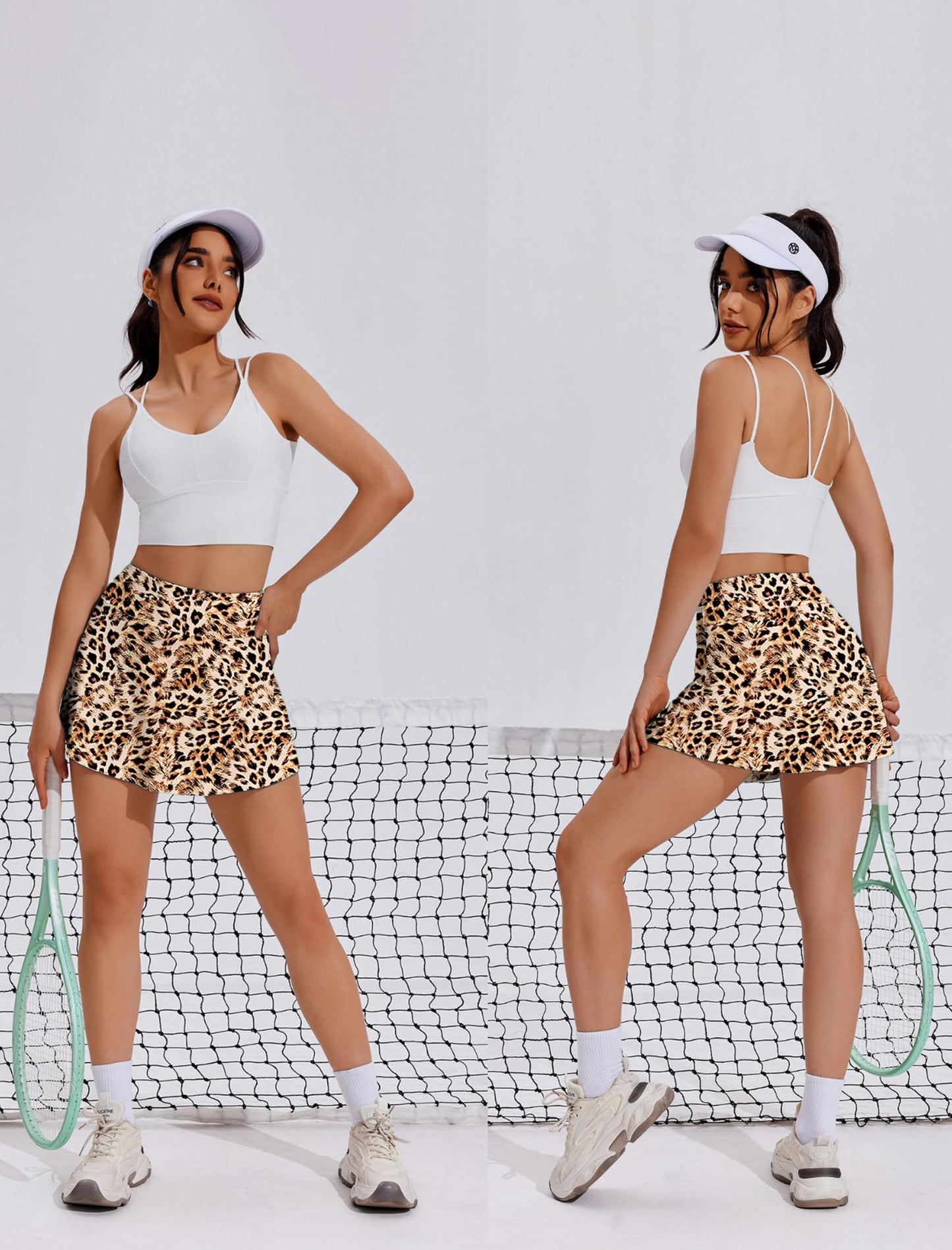 PINSPARK Women High Waist Tennis Skirt with Pockets Pleated Athletic Golf Skorts Skirts for Running Workout,Leopard Medium