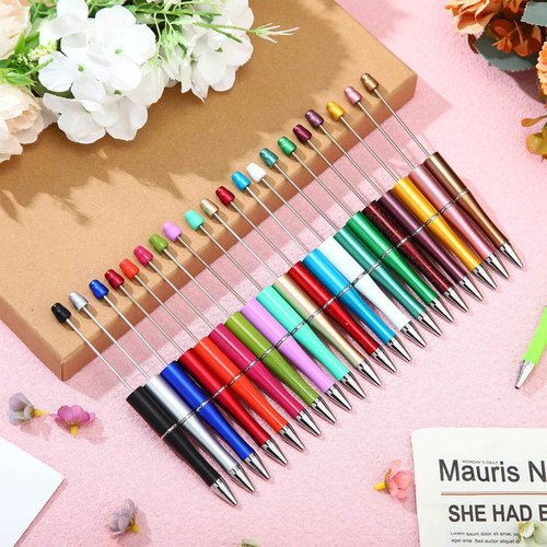 Kosiz 200 Pieces Plastic Beadable Pen Bulk Black Ink Plastic Beaded Ballpoint Pens with 200 Refills for Christmas DIY Making Gift Presents Office Supplies(Mixed Colors)