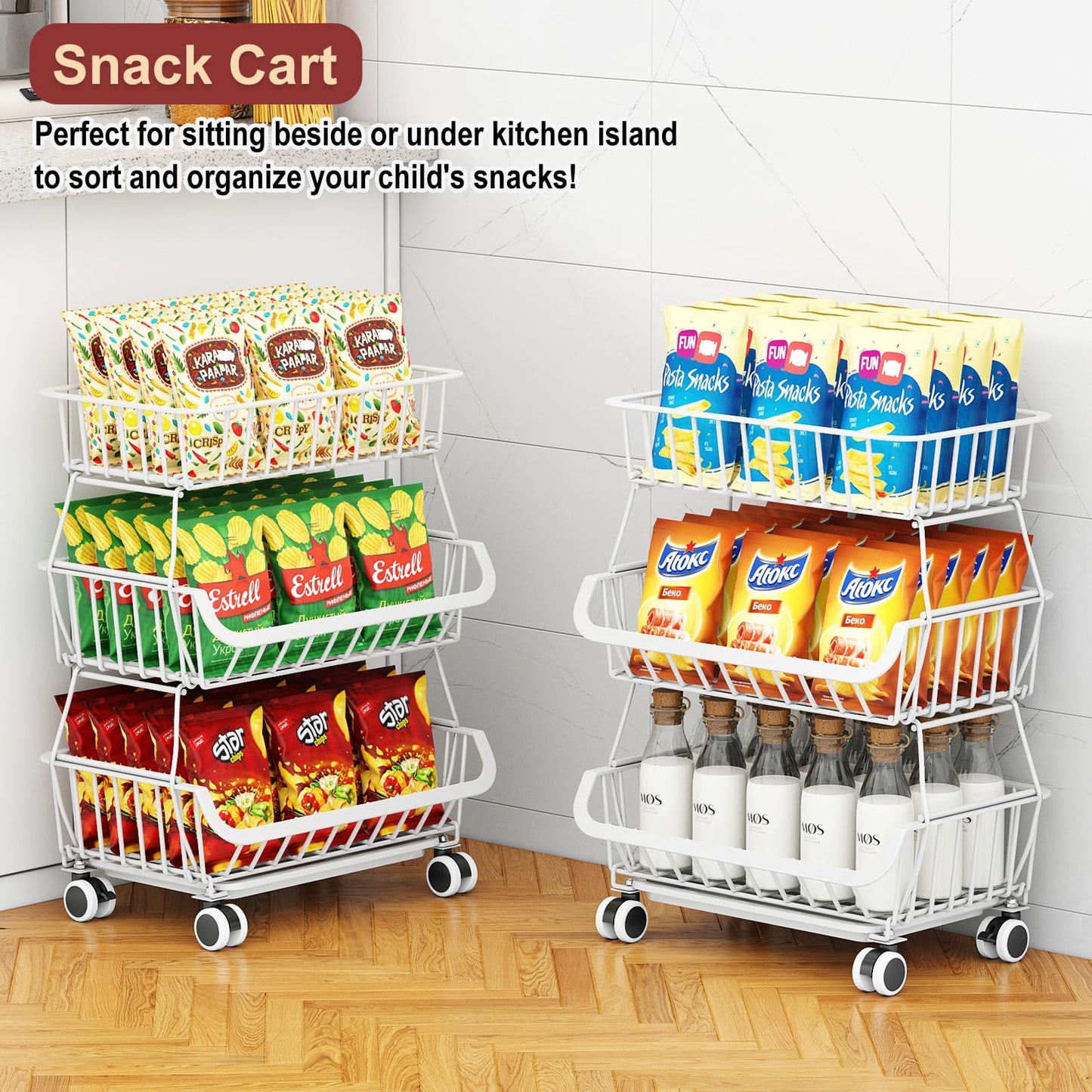 3-Tier Rolling Pantry Cart with Wheels, Stackable Wire Storage Floor Organizer for Kitchen Pantry Snack Shelves, Fruit Basket Stand, Vegetable Storage Rack for Food Snacks Onion Potato, White