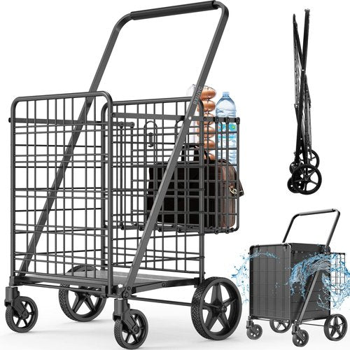 450lbs Capacity Shopping Cart,Upgrade Huge Grocery Cart on Wheels,Heavy Duty Foldable Utility Shopping Carts with Double Basket and 360° Rolling Swivel Wheels for Groceries Laundry Transport 1
