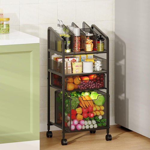 4-Tier Rolling Kitchen Storage Cart-Fruit Vegetable Storage Cart with 2 Drawers,Pantry Organizer Snack Containers with Wheels,Kitchen Utility Cart with DIY Divider for Fruits Vegetables Snacks Breads