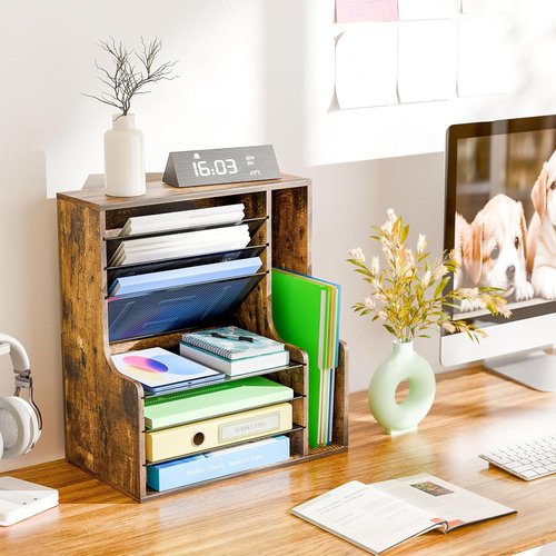 Skiennix 7-Tier Desk File Organizer - Wooden Letter Tray with Adjustable File Holder | Office Supplies Storage