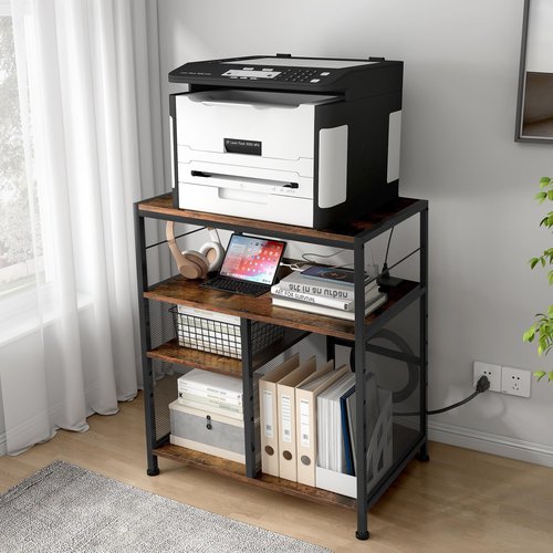 TQVAI Large Printer Stand, 4-Tier Adjustable Height Home Office Printer Table with Power Outlet Charging Station, Wood Stand Desk for Heat Press Scanner Fax, Black/Antique