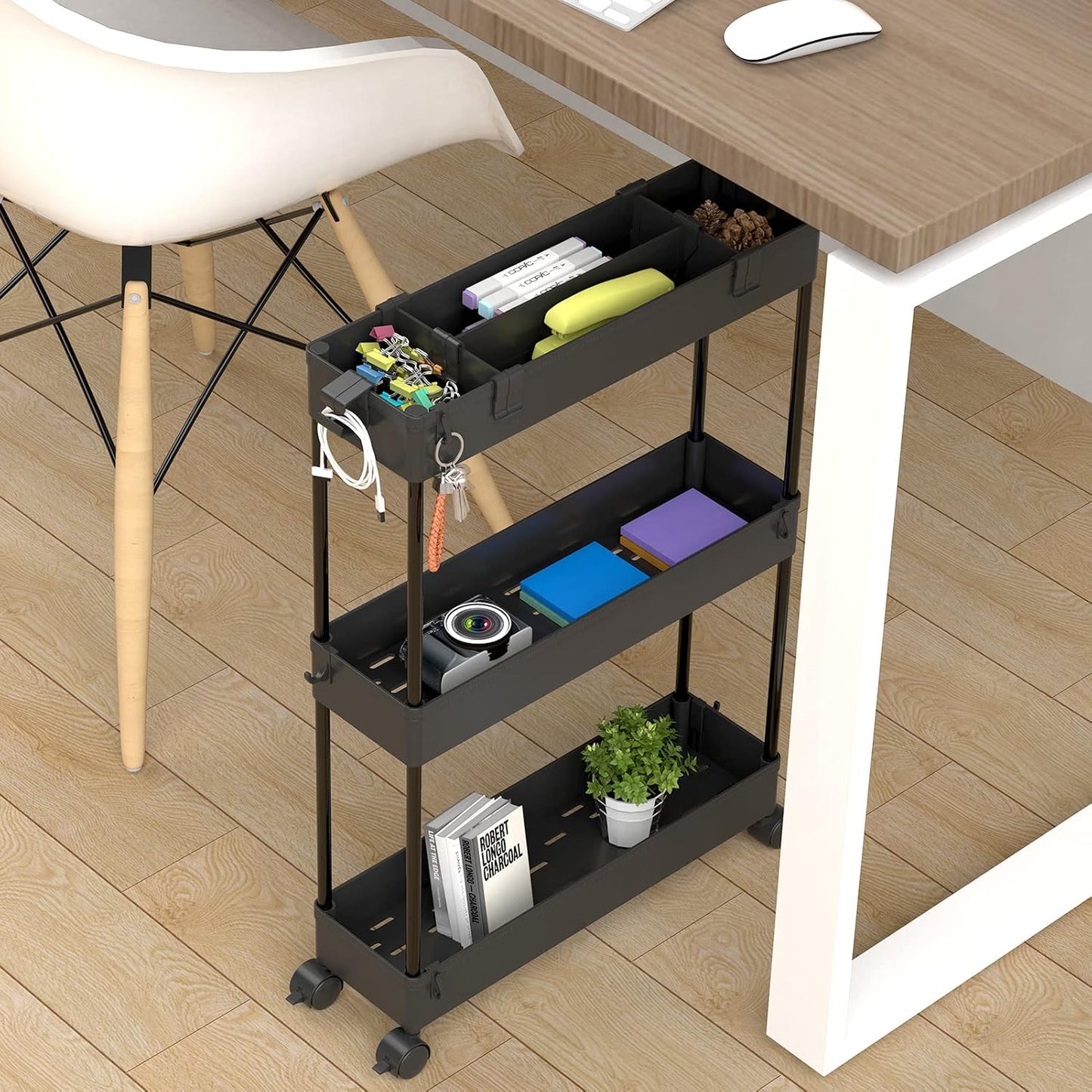 SPACELEAD Slim Storage Cart - 3-Tier Rolling Bathroom Organizer | Mobile Shelving Unit for Office, Kitchen & Laundry - Black