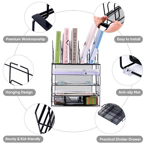 VANZAVANZU 5-Tier Desk Paper Letter Tray Organizer with 5 File Sorter Holders Large Desk File Organizer with Sliding Drawer Office Desktop Organizer, Variety of Stacking Style - Dark Black