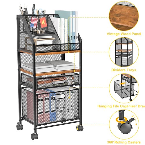 Rolling File Cart with 2 Storage Drawers Multipurpose Book Letter Organizer Carts with Lockable Wheels Wood&Mesh Rolling File Organizer Space-Saving Cart for Office Supplies