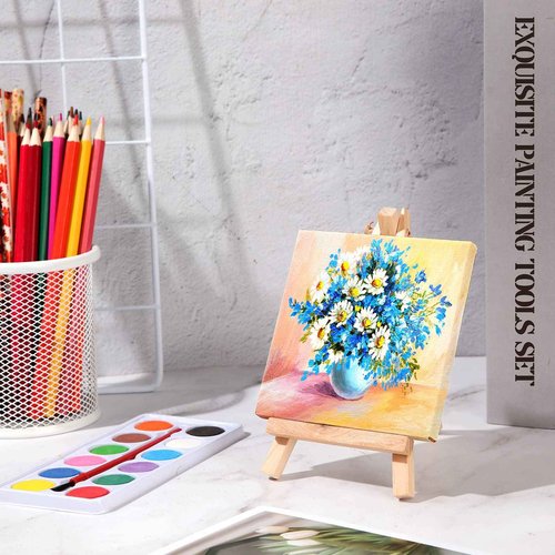 Teling 24 Set Mini Canvas Easel Set 4 x 4 Inch Art Canvases Painting Kit for Kids Birthday Gifts Art Party Supplies Gifts