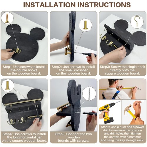 AIRPOP Disn Key Holder for Wall–Mouse Wooden Mail Organizer Wall Mount with Shelf and 6 Hooks, Easy Installation Key Rack Hanger for Entryway Living Room Home Decor (Brown)