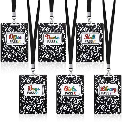 Sabary 6 Sets Composition Hall Passes Wooden Bathroom Pass Lanyards Notebook Style Unbreakable Classroom Passes Gift for Bathroom Office Library Nurse School Supplies(Black)