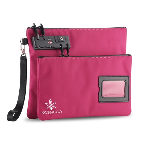 KOSMCCO Lockable Money Bag - 11x8.6 Inch Durable Nylon Bank Pouch Travel Organizer for Passport, Cash, Medicine, Notary Supplies & Valuables (Rose Red)