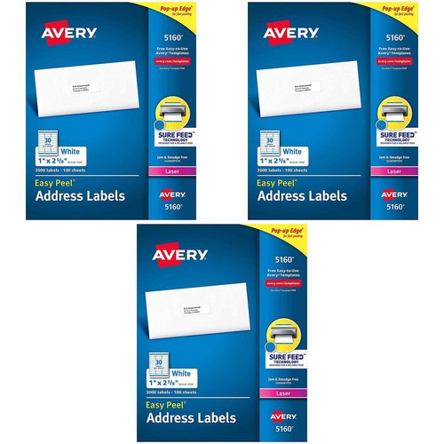 Easy Peel White Address Labels w/ Sure Feed Technology, Laser Printers, 1 x 2.63, White, 30/Sheet, 100 Sheets/Box, Sold as 3 Pack