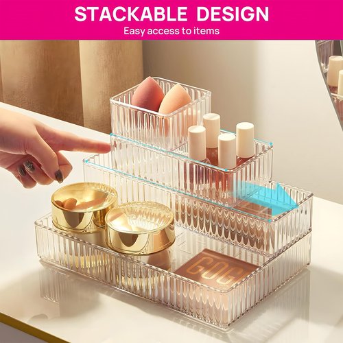 VEYGON 11PCS Water Ripple Claer Organizers Bins, Acrylic Vanity Plastic Drawer Organizer Trays, 4Size Stackable Makeup and Bathroom Drawer Storage Containers for Cosmetic, Office Supply, Kitchen