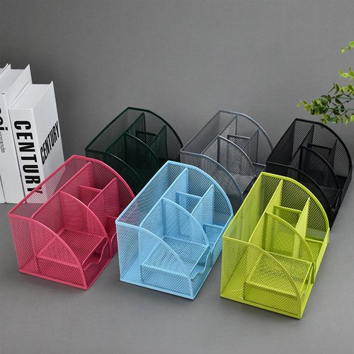Rkqoa Black Mesh Pen Holder and Organizer Office Supplies with 7 Compartments, Desktop Organizer with Drawer, Metal Pen Holder for Desk, ‎9.1" x 5.9" x 5.5''