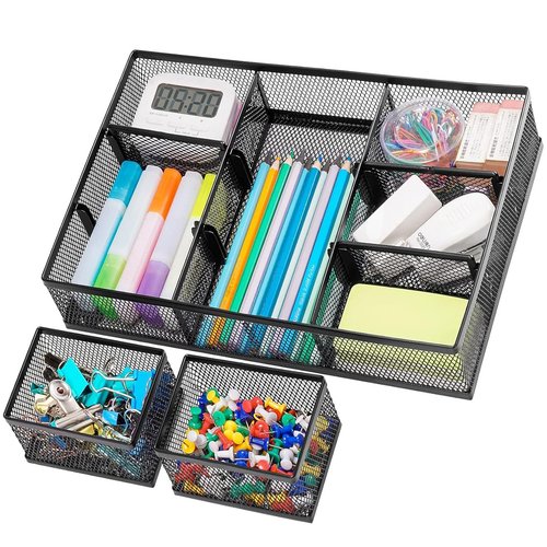 Marbrasse 3 Packs Desk Drawer Organizers, Metal Mesh Dividers Desk Drawer Organizer Tray with 9 Adjustable Compartments, Pen Organizer for Drawer Tray Box Accessories for Desktop,Kitchen, Makeup