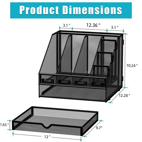 Desk File Organizer, 4 Vertical Compartments Rack + 4 Pen Holders + Drawer File Organizer, Metal Desk Magazine Folder Holder for Office, Home, School, Black
