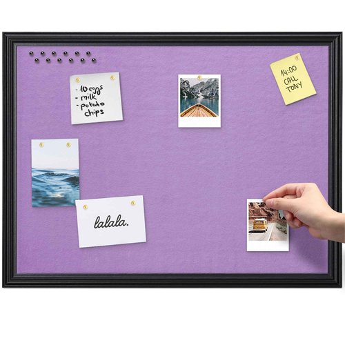 Navaris Framed Fabric Bulletin Board - 18 x 24 inches Plush Jewelry Organizer Pinboard for Wall - Memory Memo Pin Board - Purple with Black Frame