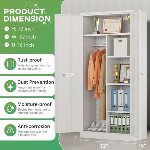 INTERGREAT Metal Wardrobe Closet - 71" White Locking Storage Cabinet with Doors & Shelves for Home, Office, Gym