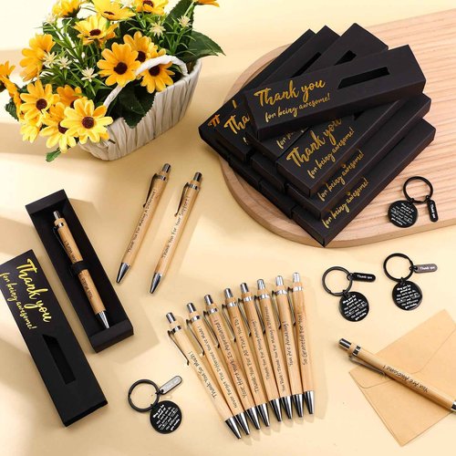 Sayglossy Thank You Gift Bulk Wood Bamboo Pens with Motivational Quote Pen Boxes Employee Appreciation Keychains Inspirational Gifts for Office Coworkers Teams