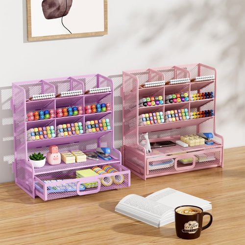 Marbrasse Larger Mesh Desk Organizer with Drawer, Multi-Functional Pen Pencil Holder, Easy Assembly, Desk Organizers and Accessories for Office Art Supplies (Purple)
