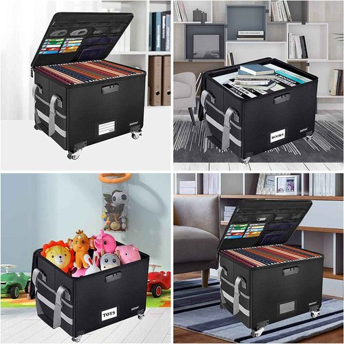ENGPOW Fireproof Document Box with Wheels, Collapsible File Box with Lock, Rolling File Storage Organizer Filing Cabinet with Pockets, Portable Home Office Safe for Hanging Letter/Legal Folder, 2 Pack