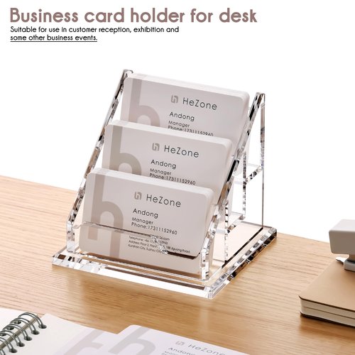 HeZone Acrylic Card Holder Clear Horizontal Business Card Organizer Stand for Desk 3 Slots 3 Tier Business Cards Stand for Women and Men,Office Desk Accessories,Organize 150 Cards-1 Pack(3 Slots-H)