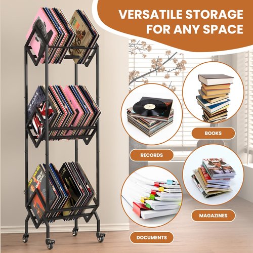 Noliven 3 Tier Vinyl Record Storage Rack with Casters, Metal LP Storage Stand, Book and Files Organizer, Magazine Display, Large Capacity Record Holder for Albums, Books, Magazines, and Office Files