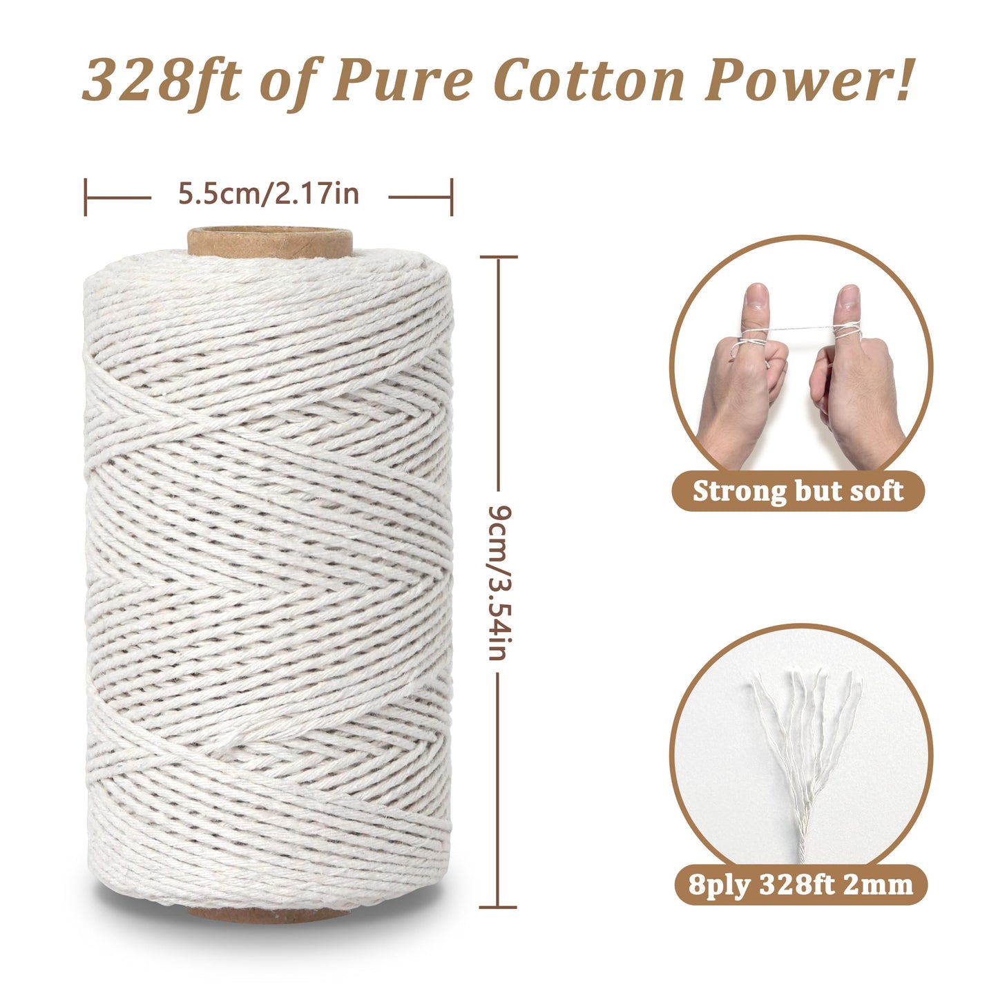 Butchers Twine for Cooking, Baking & Crafts - Food Safe Kitchen Twine for Tying Meat, Trussing Turkey, Roasting, Sausage Making - Strong Cotton Rope for Garden, Crafts & Packing, 328ft 2mm(Beige)