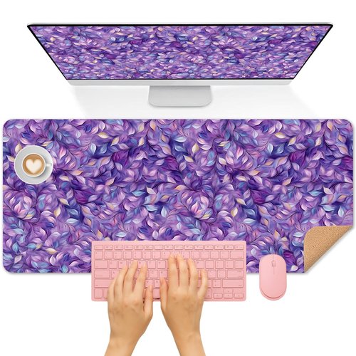 Britimes Purple Oil Painting Desk Mat Leaves Abstract Deak Pad Non-Slip PU Leather Large Keyboard Mouse Pad Office Desktop Accessories for Office,Work,Home Decor(31.5"X15.7")