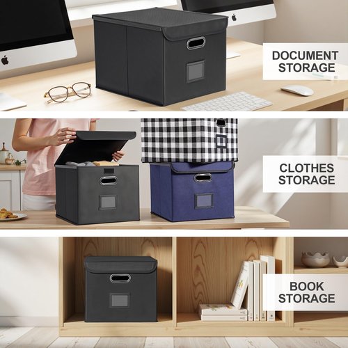 Hleelomi File Organizer Box, Linen Filing Organizer with Lid, Large Desktop File Boxes, Black,2 Pack