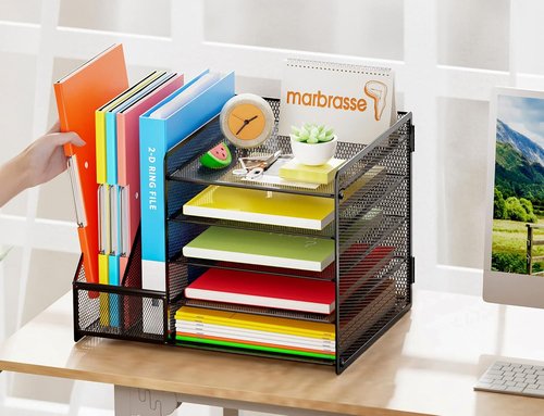Marbrasse Desk Organizer - 5-Tier Mesh Letter Tray with File Holder & Magazine Storage | Black
