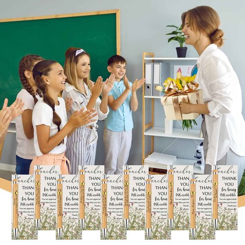 Spakon 80 Set Teacher Appreciation Gifts Include 80 Bamboo Pens and 80 Cards with Gold Cable Tie for Teachers' Day Teacher Appreciation Week Gift Staff Team Office School Supplies