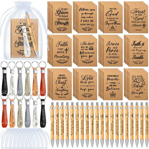 Spakon 192 Pcs/48 Set Christian Gifts Bulk for Women Men Pastor Appreciation Gifts Bible Verse Pens Religious Notebook Christian Keychain for Sunday School Teacher Church(Simple Style,5.4 Inch)
