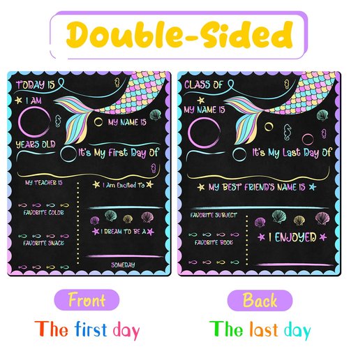 First & Last Day of School Chalkboard 10 x 12 Inch Double Sided Back to School Sign for Kids/Girls/Boys Washable Chalkboard Signs for Kindergarten & Pre-K Mermaid