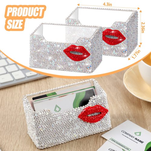 2 Pcs Funny Bling Business Card Holder for Women Valentines Day Business Card Holder Red Lip Rhinestones Acrylic Card Holder Business Card Organizer Desk Business Name Card Holder Stand for Women