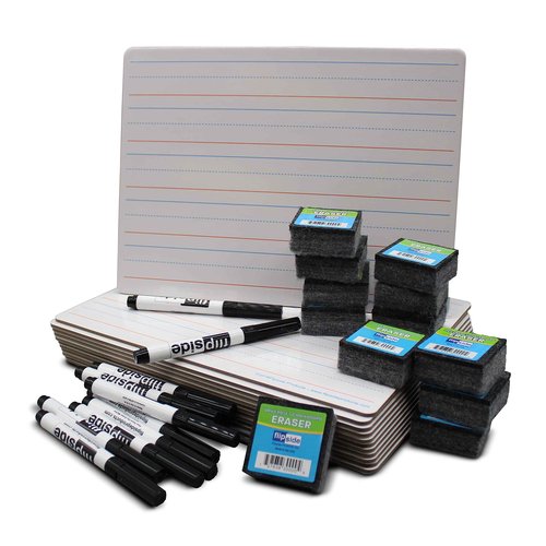 Flipside Products 9" x 12" Magnetic Dry Erase Two Sided Red & Blue Lined, Black Markers and Erasers, Ruled, Learn to Write, Writing Practice, Pack of 12