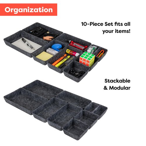 Rajas Goods Drawer Organizer Compatible with Ikea Alex Drawer Unit, 10-Piece Modular Felt Tray Organizer Set, Perfect Fit (Dark)