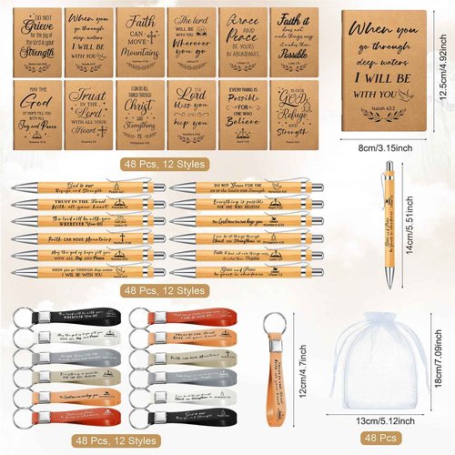 Spakon 192 Pcs/48 Set Christian Gifts Bulk for Women Men Pastor Appreciation Gifts Bible Verse Pens Religious Notebook Christian Keychain for Sunday School Teacher Church(Simple Style,5.4 Inch)