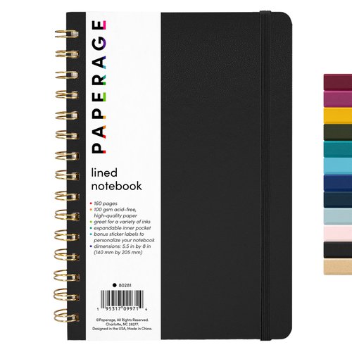 PAPERAGE Lined Spiral Journal Notebook, (Black), 160 Pages, Hardcover Journal for Women & Men, Medium 5.5 in x 8 in - 100 GSM, Thick Paper, Spiral Notebook for Work, School & Journaling