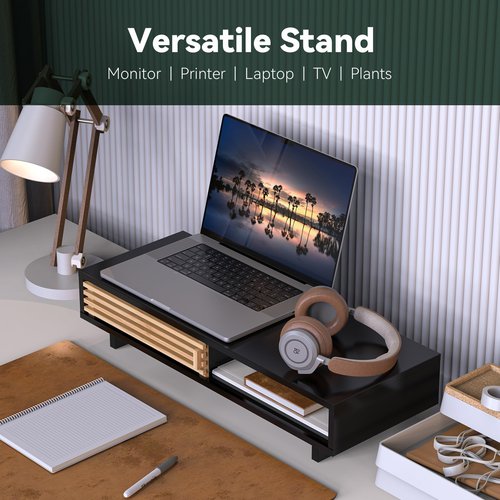 WELL WENG Monitor Stand Riser with Sliding Door, Computer Laptop Stand Desk Shelf Organizer with Storage (Black + Natural Bamboo, 25 Inch)