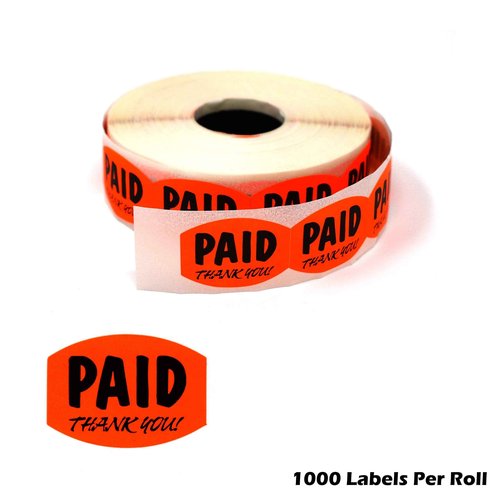 Paid Thank You Fluorescent Orange Self Adhesive Label, Sold Retail Stickers, .85" H x 1.2" W, 10 Rolls, 10,000 Pack