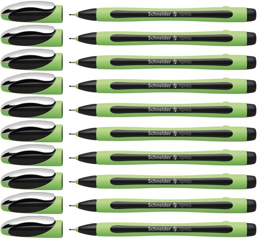 Schneider Xpress Premium Fineliner, 0.8 mm Porous Point, Light Green Barrel, Black Ink, Box of 10 Pens (190001)