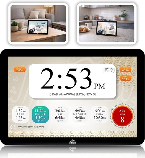 Masjidal 8" Smart WiFi Digital Azan Clock - Automatic Prayer Times & Full Quran Player | Touchscreen Muslim Home Display, Black
