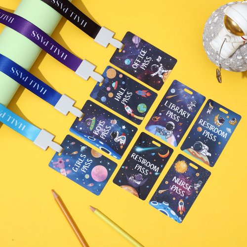 8 Set PVC Hall Pass Lanyards Outer Space Unbreakable Hall School Passes Teacher Supplies for Classroom Elementary Middle School Bathroom Library Office Nurse