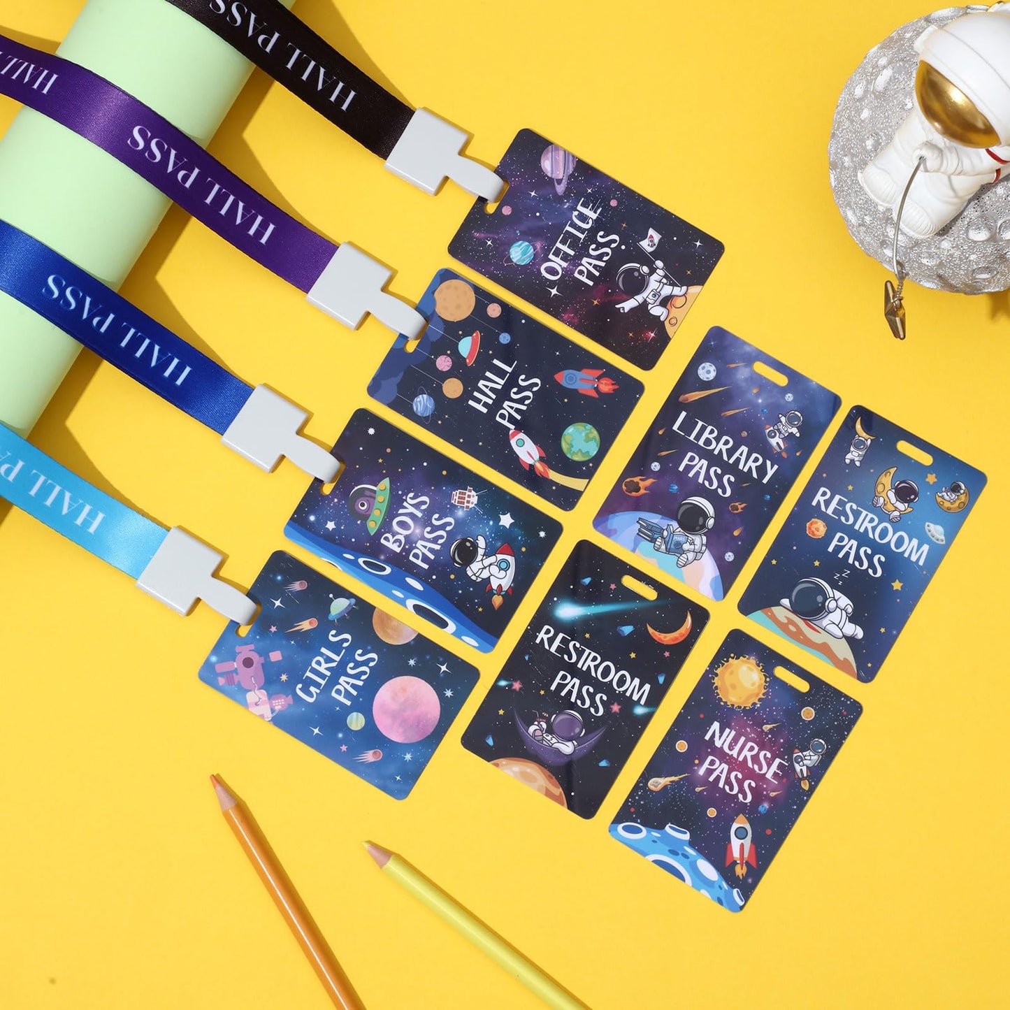 8 Set PVC Hall Pass Lanyards Outer Space Unbreakable Hall School Passes Teacher Supplies for Classroom Elementary Middle School Bathroom Library Office Nurse