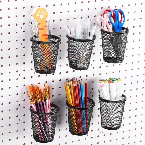 Spakon 6 Sets Pegboard Cups with Ring Hook Pegboard Bin Holder Organizer Multipurpose Pen Cup Metal Pencil Holder Peg Board for Desk Office Garage