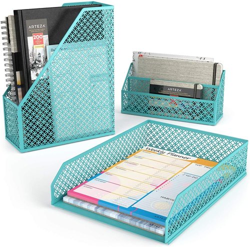 ARTEZA 6-Piece Teal Desk Accessories Set, Essential Desktop Organizer for Home Office, Includes Paper Organizer, Pencil Holder, Letter Sorter & More, Teal Office Supplies