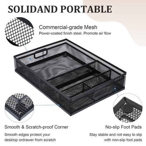 mekueeex Desk Drawer Organizer, Office Drawer Divider Organizer Tray 3 Pack, Metal Mesh Desktop Organization and Accessories for Stationery Makeup Kitchen Toolroom Office