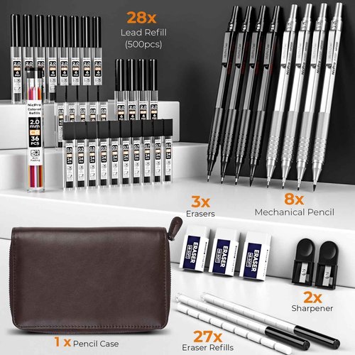 Nicpro 45PCS Black & Silver Metal Mechanical Pencil Set in Leather Case, Art Drafting Pencil 0.5, 0.7, 0.9 mm, 2mm Lead Holders for Sketching Drawing With 27 Tube (6B 4B 2B HB 2H 4H Colors)Lead Refill