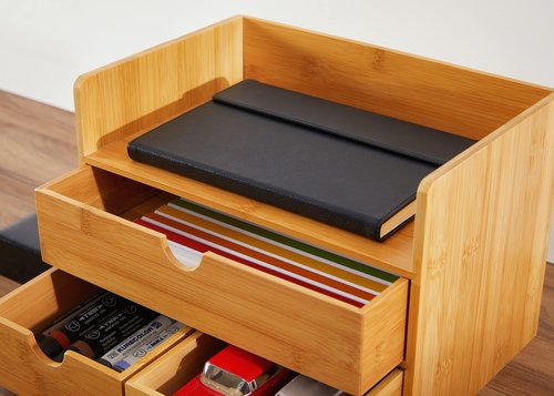 RoyalHouse Premium Natural Bamboo Desktop Organizer, Attractive Design 3 Tier, Table Top Storage for Documents & Office Supplies, Accessories And More, No Assembly Required (3 Drawer with Shelf)