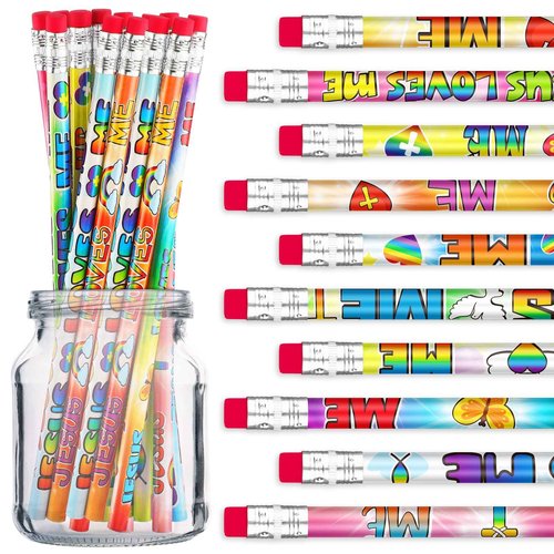 Frienda 200 Pcs Bulk Jesus Loves Me Pencils for Kids Assorted Religious Christian Pencils with Eraser Sunday School Church Gifts Butterfly Rainbow Dove Heart Fish Pen for Easter Party School Favor